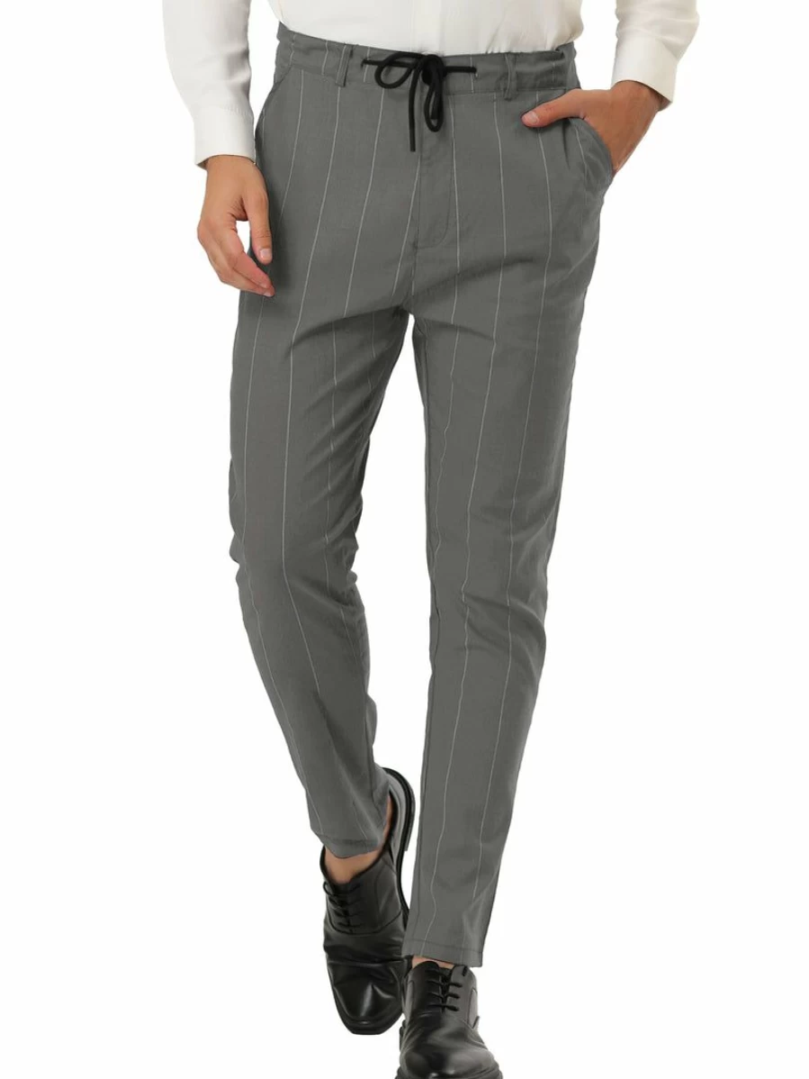 Men's Slim Fit Striped Dress Pants with Drawstring Waist for Business Casual Wear