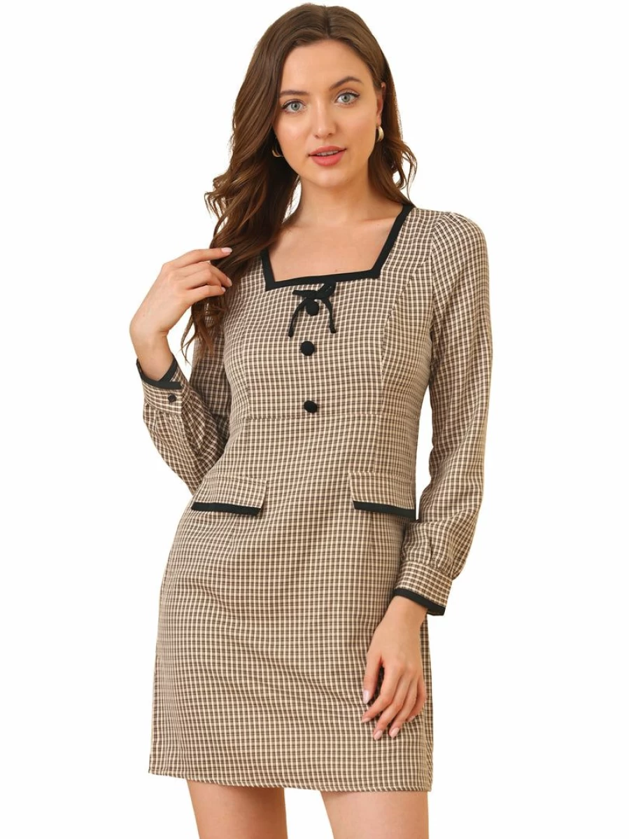 Allegra K Women's Brown Retro Plaid Mini Dress with Square Neck, Puff Long Sleeves, and Bow Tie Button Decor
