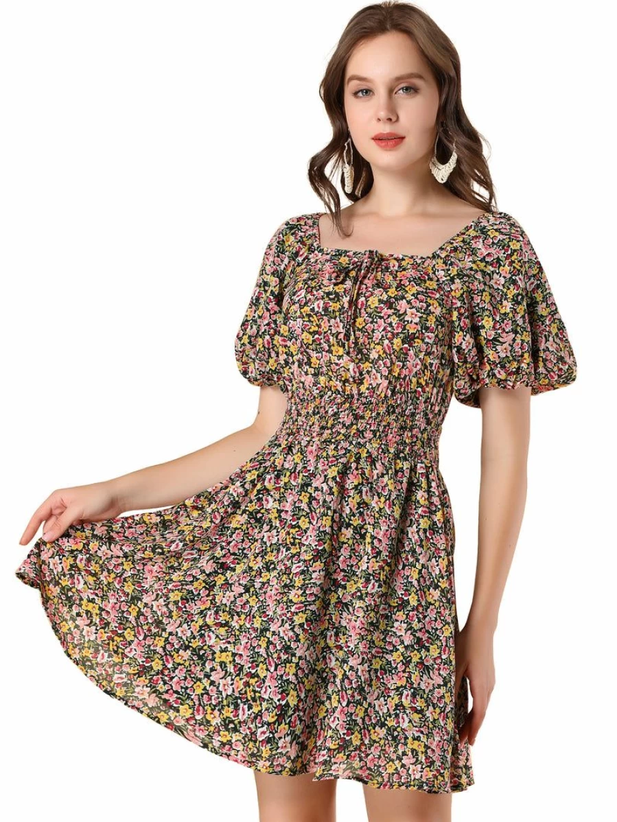 Black Floral Print Square Neck Mini Dress with Smocked Waist and Puff Sleeves