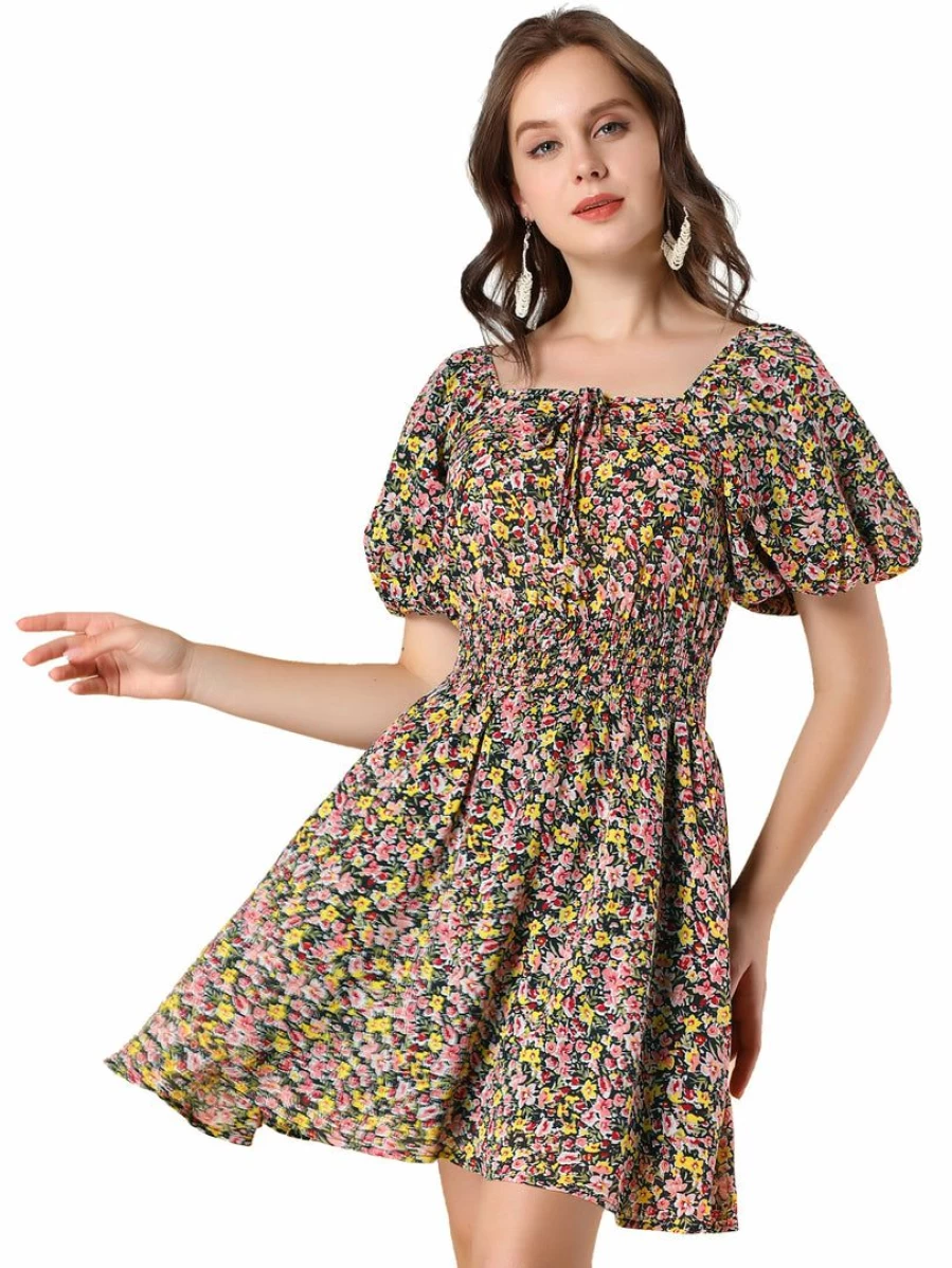 Black Floral Print Square Neck Mini Dress with Smocked Waist and Puff Sleeves