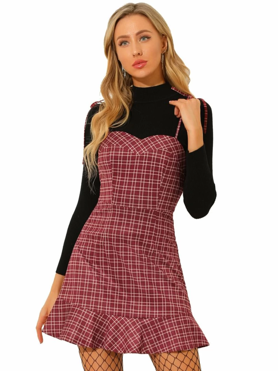 Wine Red Plaid Ruffled Hem Spaghetti Strap Flare Mini Dress for Women Summer
