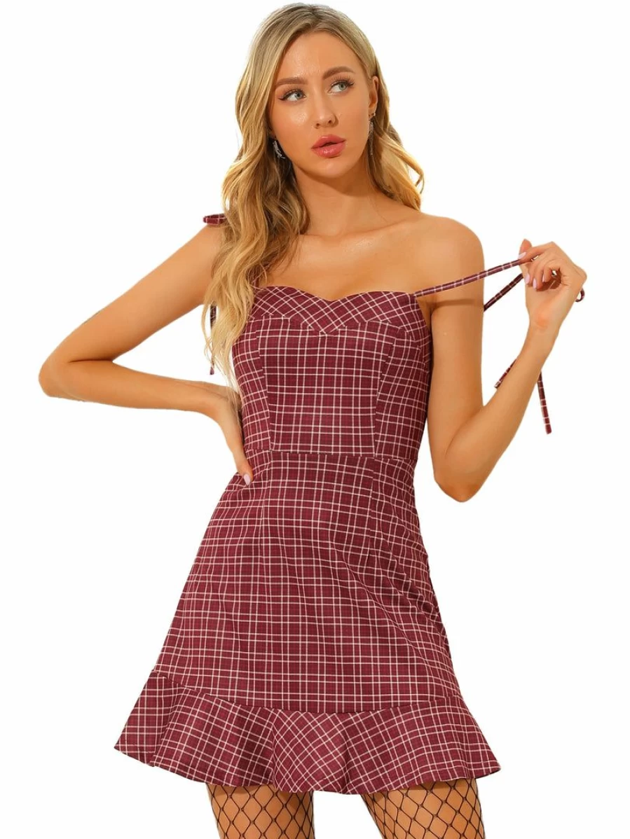 Wine Red Plaid Ruffled Hem Spaghetti Strap Flare Mini Dress for Women Summer