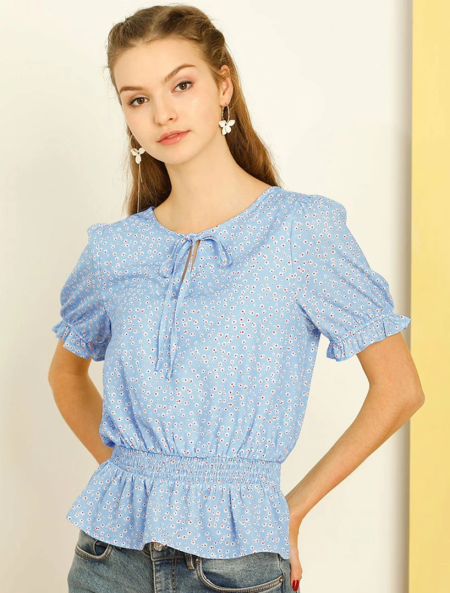 Allegra K Women's Blue Floral Smocked Top with Elastic Waist - Vintage Style Blouse