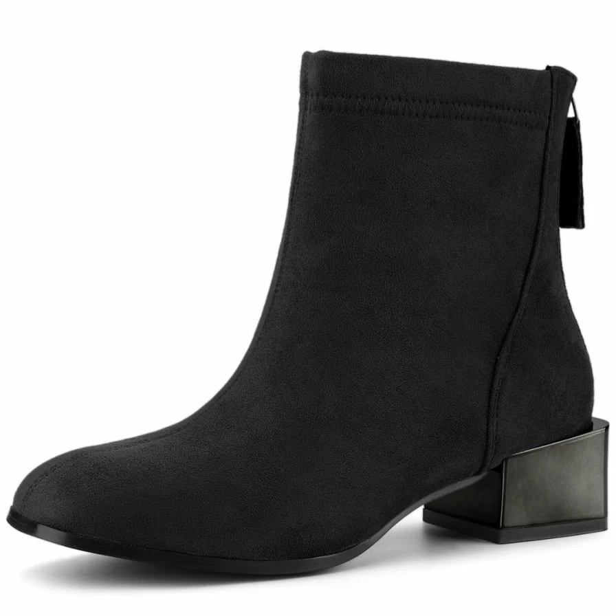 Women's Chunky Heel Square Toe Ankle Boots - Electroplated Detail Fashion Footwear