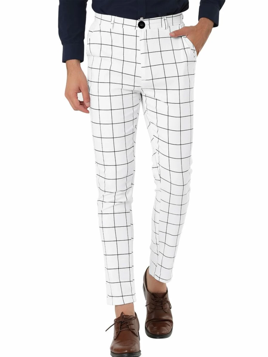 Men's Slim Fit Plaid Dress Pants for Business Flat Front with Pockets