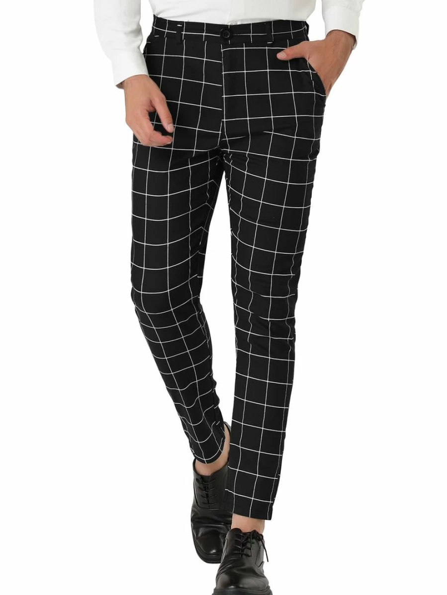 Men's Slim Fit Plaid Dress Pants for Business Flat Front with Pockets