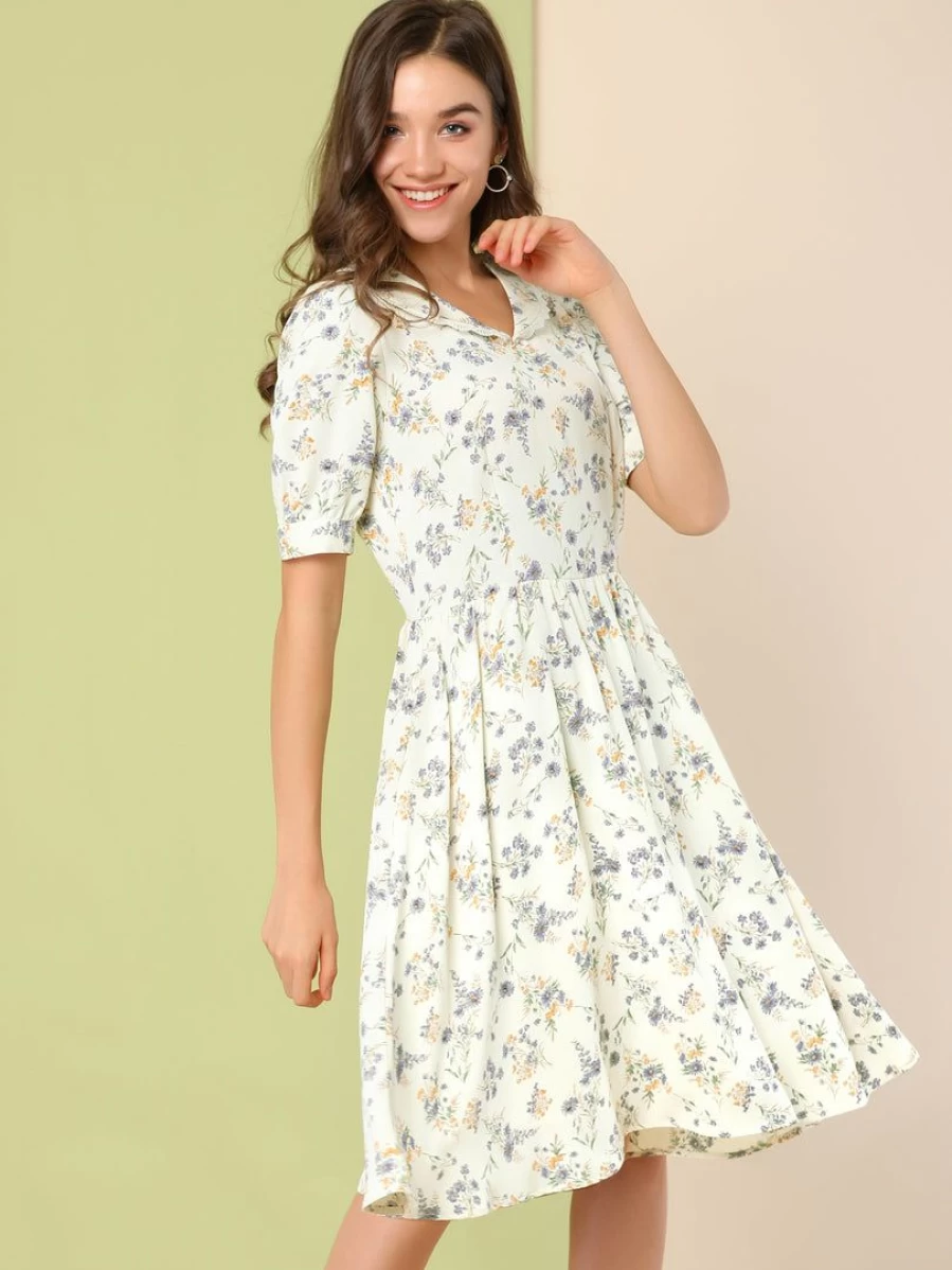 Women's Floral Peter Pan Collar High Waist A-Line Flowy Chiffon Midi Dress by Allegra K