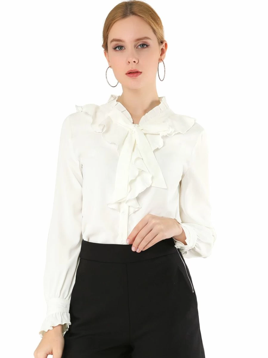 Women's Solid Color Button-Down Shirt with Ruffle Neckline and Cuff Details for Office Wear