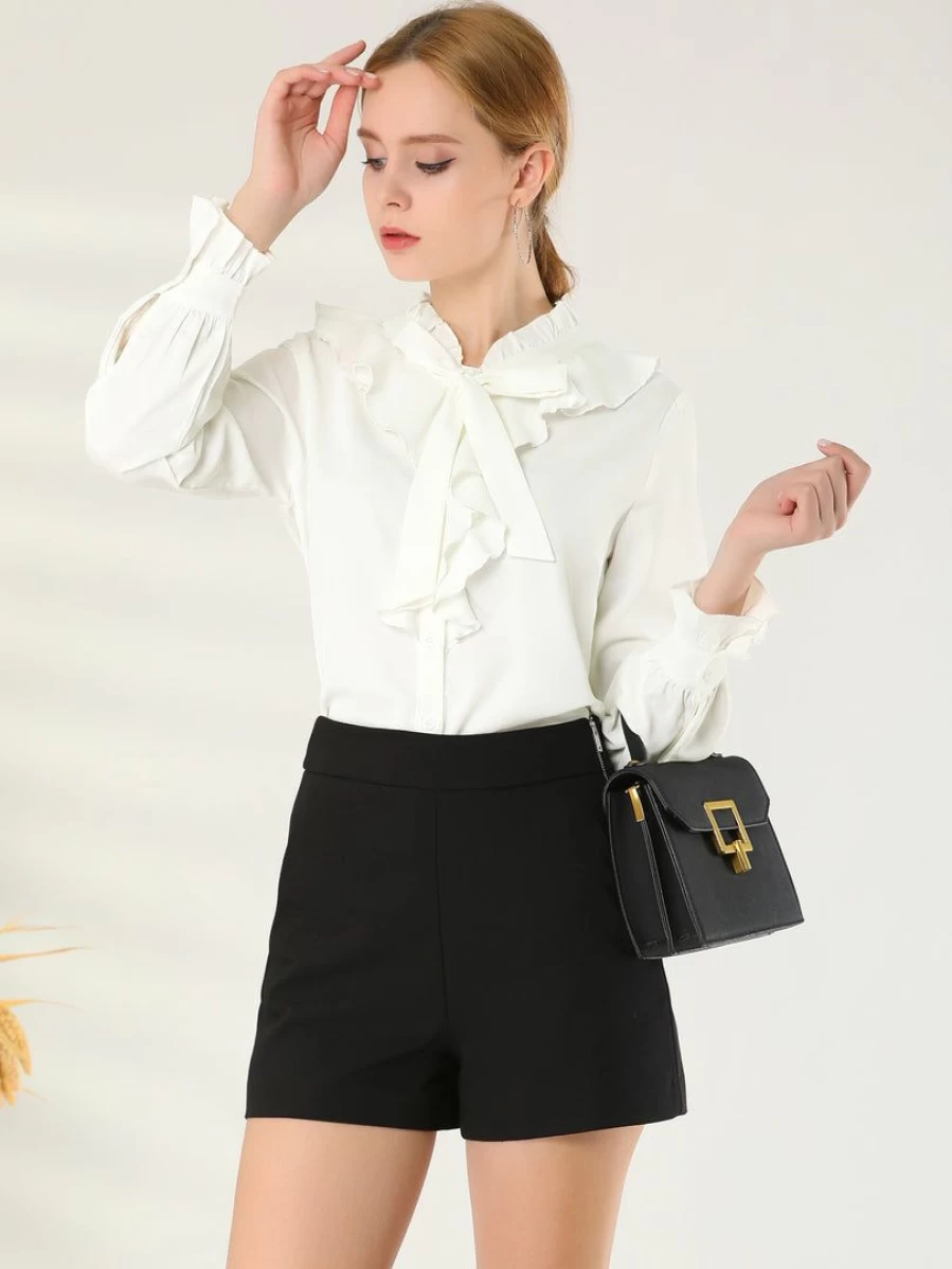 Women's Solid Color Button-Down Shirt with Ruffle Neckline and Cuff Details for Office Wear