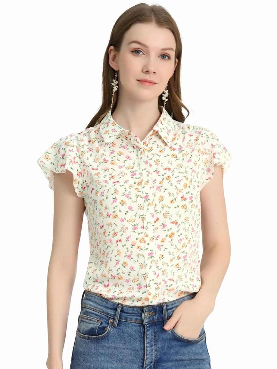 Allegra K Women's Black Floral Collar Casual Short Sleeve Button-Up Blouse Top