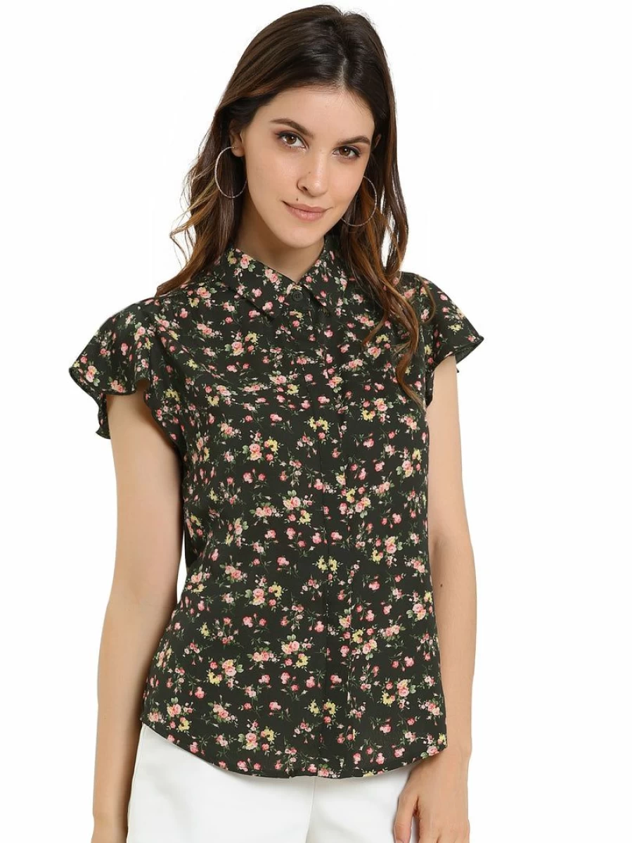 Allegra K Women's Black Floral Collar Casual Short Sleeve Button-Up Blouse Top
