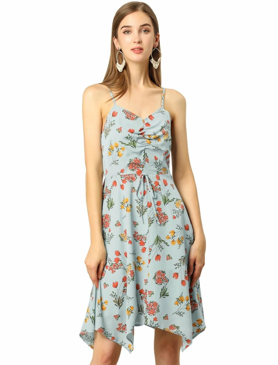 Light Blue Floral Printed V-Neck Asymmetric Spaghetti Strap Flare Dress for Women