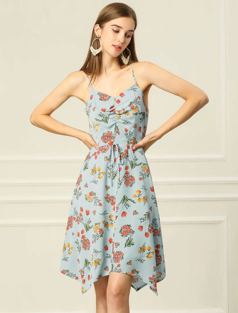 Light Blue Floral Printed V-Neck Asymmetric Spaghetti Strap Flare Dress for Women