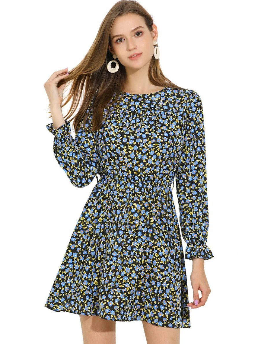 Allegra K Women's Blue Floral Ruffle Long Sleeve Belted Midi Dress for Autumn