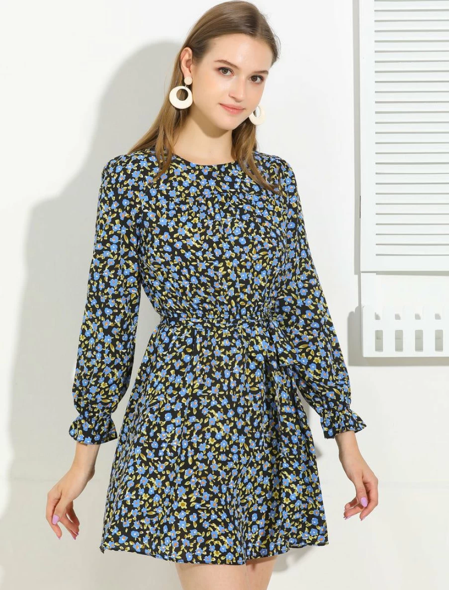 Allegra K Women's Blue Floral Ruffle Long Sleeve Belted Midi Dress for Autumn