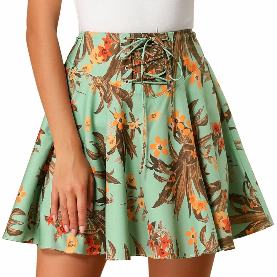 Allegra K Women's Green Floral Lace-Up High Waist A-Line Mini Skirt for Summer