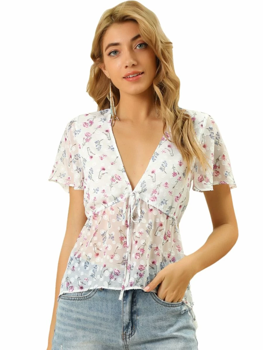 Women's Floral Peplum Top Short Flare Sleeve V-Neck Summer Blouse