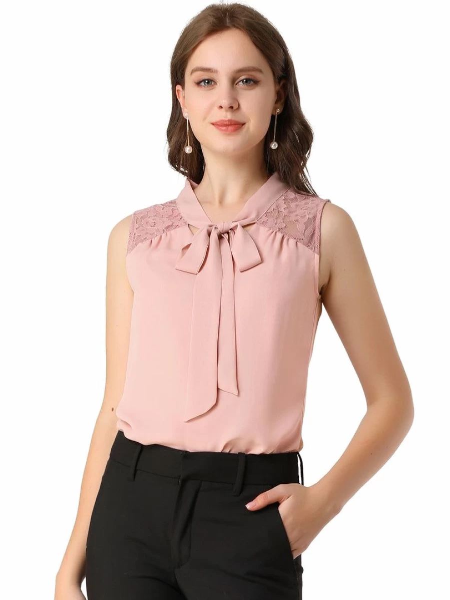 Allegra K Women's Pink Sleeveless Lace Blouse Bow Tie Neck Office Work Shirt Business Casual Tops