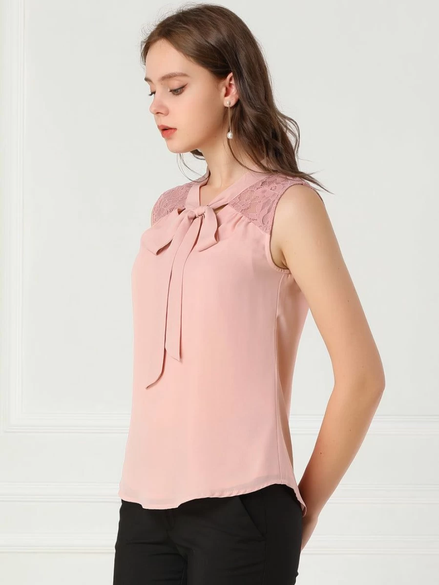 Allegra K Women's Pink Sleeveless Lace Blouse Bow Tie Neck Office Work Shirt Business Casual Tops