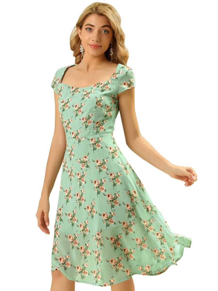 Allegra K Women's Green Floral Chiffon Midi Dress with Smocked Sweetheart Neckline and Cap Sleeves