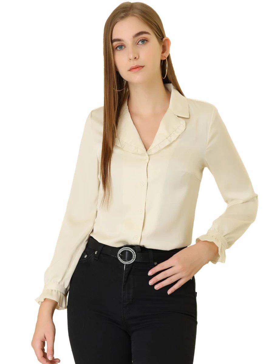 Beige Long Sleeve Casual Button Down V Neck Blouse for Women