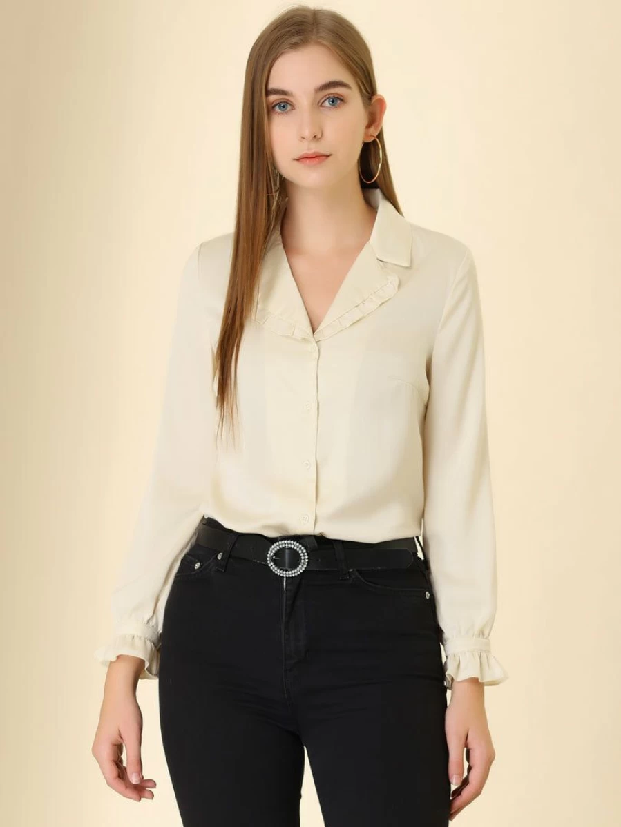 Beige Long Sleeve Casual Button Down V Neck Blouse for Women