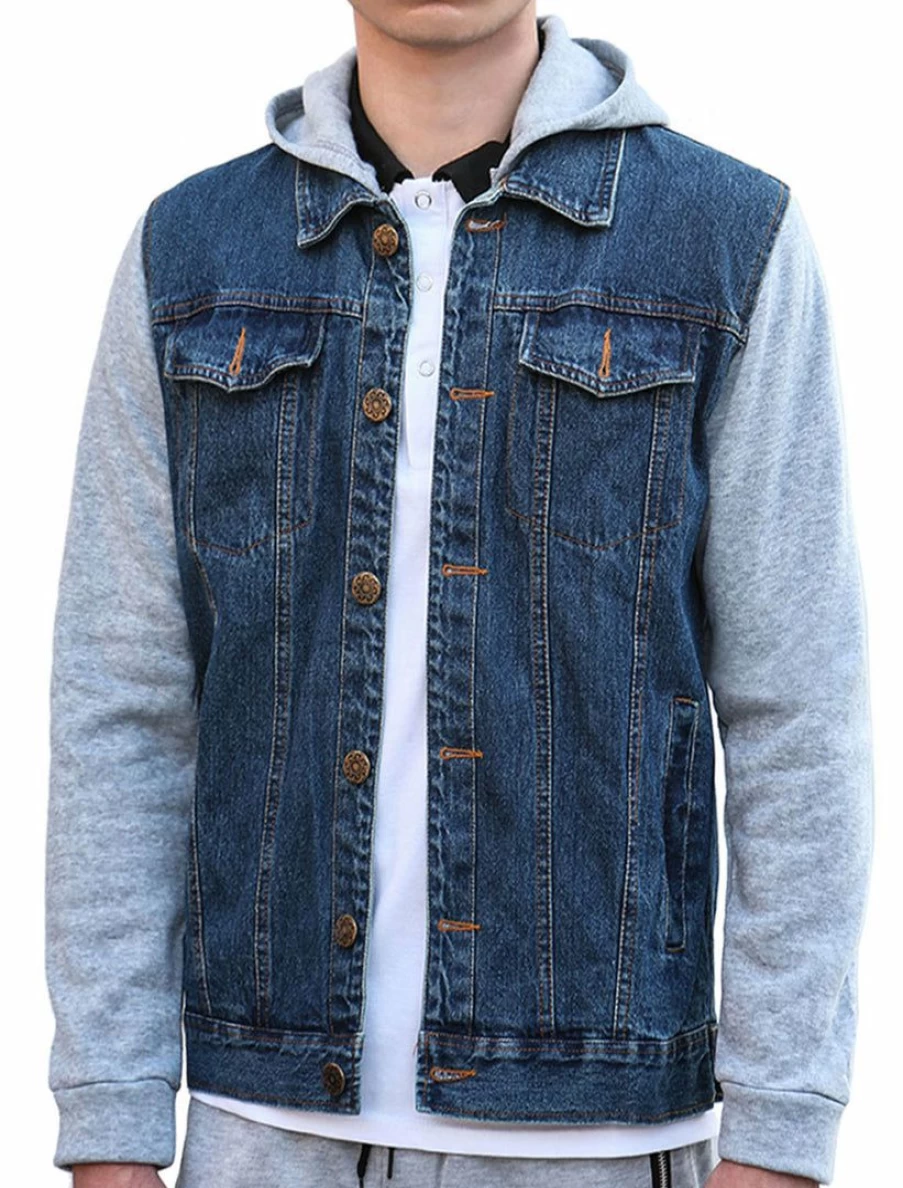 Men's Blue Denim Jacket with Patchwork Sleeves and Button Down Hoodie Style