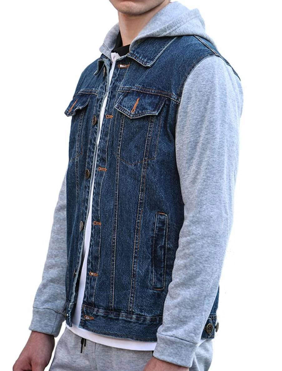 Men's Blue Denim Jacket with Patchwork Sleeves and Button Down Hoodie Style