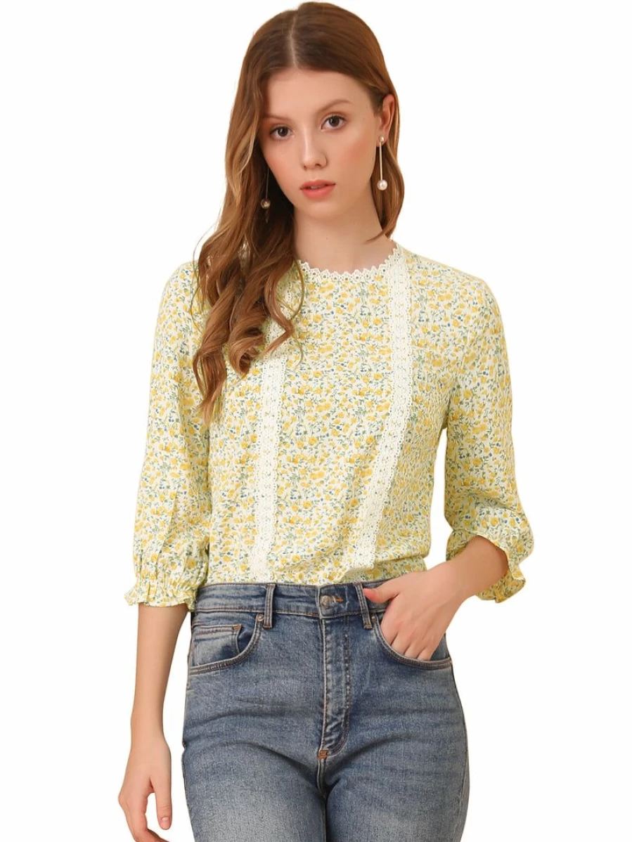 Allegra K Women's Yellow Chiffon Blouse with 3/4 Sleeves, Round Neck, and Ruffle Cuff Floral Top