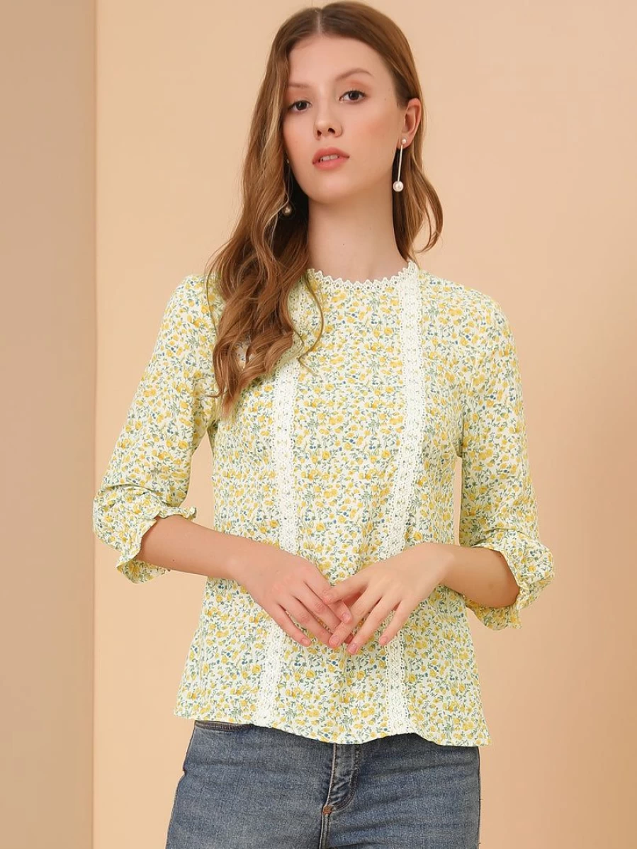 Allegra K Women's Yellow Chiffon Blouse with 3/4 Sleeves, Round Neck, and Ruffle Cuff Floral Top