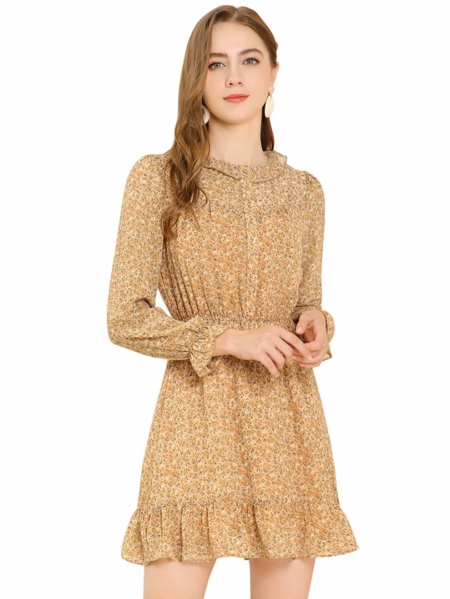 Allegra K Women's Khaki Floral Dress with Ruffle Neck, Elastic Waist, Button Front & Puff Sleeves