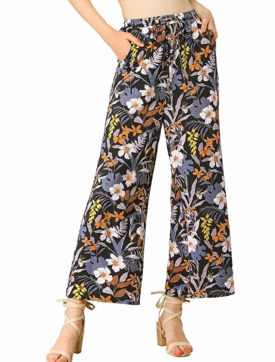 Allegra K Women's Black Floral Wide Leg Palazzo Pants with Drawstring Waist and Pockets - Boho Tropical Casual Style