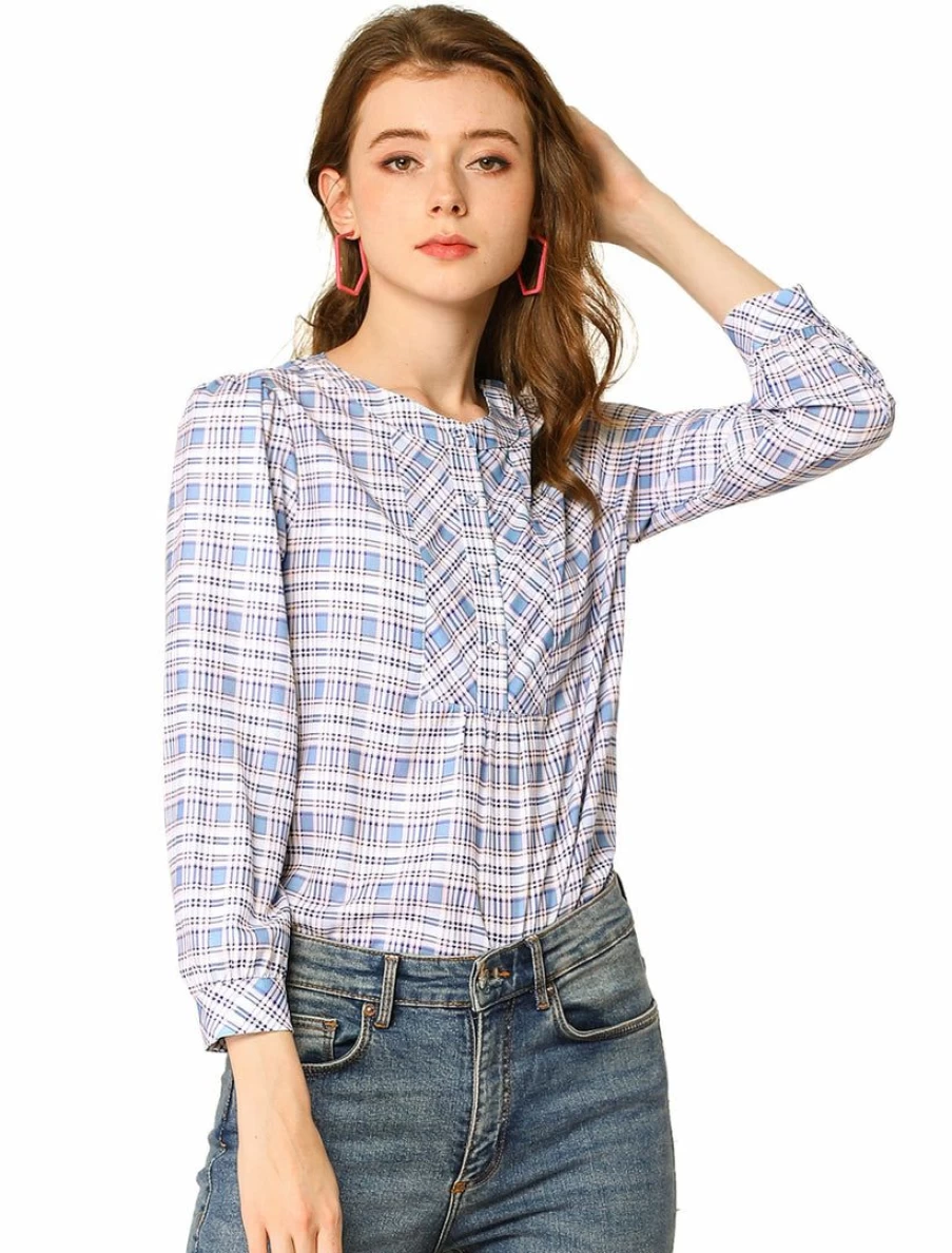 Allegra K Women's Blue Plaid Button-Down Blouse Casual Round Neck Shirt Tops