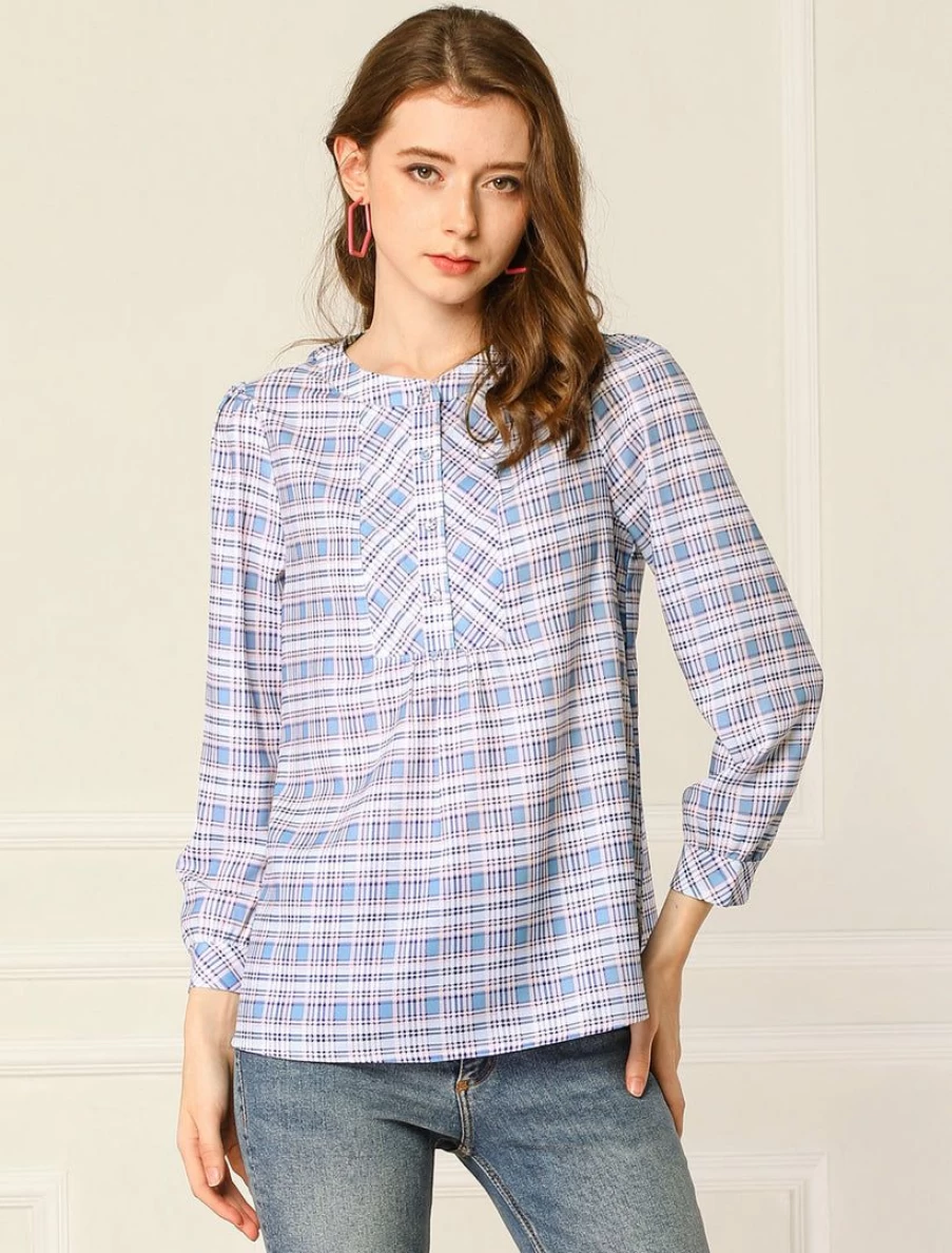Allegra K Women's Blue Plaid Button-Down Blouse Casual Round Neck Shirt Tops