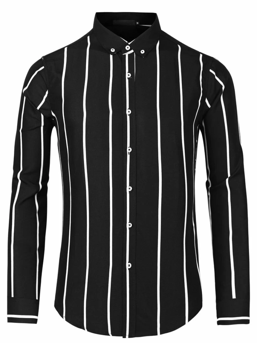 Men's Business Casual Vertical Striped Long Sleeve Button Down Dress Shirt Formal Office Wear