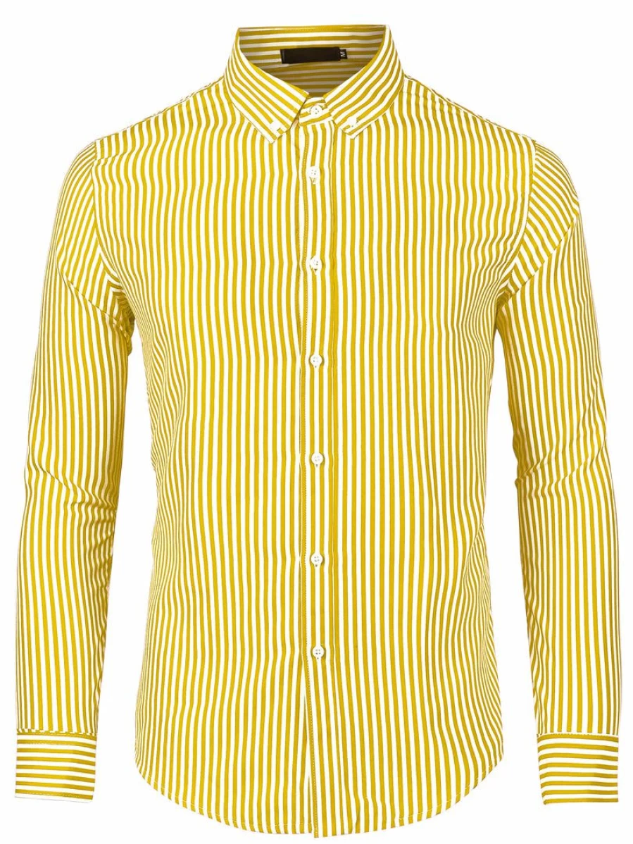Men's Business Casual Vertical Striped Long Sleeve Button Down Dress Shirt Formal Office Wear