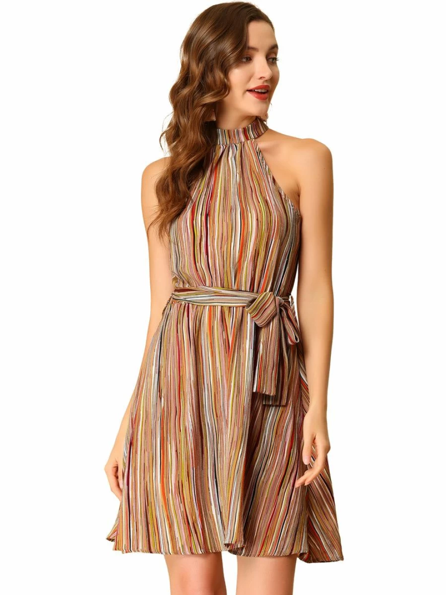 Allegra K Women's Brown Halter Neck Belted Stripe Summer Sleeveless Casual Dress