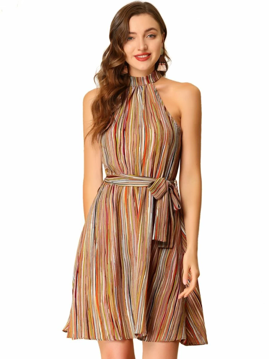 Allegra K Women's Brown Halter Neck Belted Stripe Summer Sleeveless Casual Dress