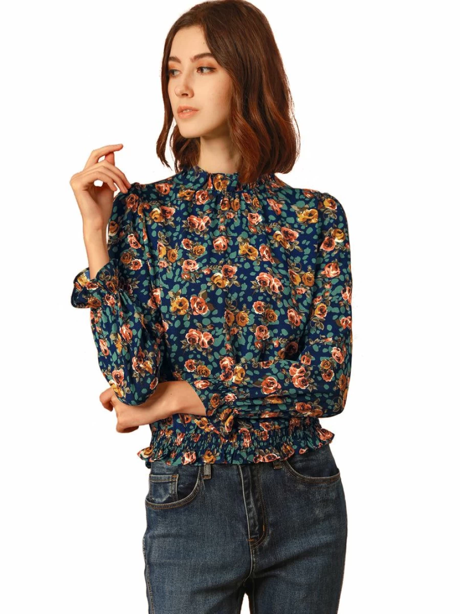 Teal Blue Women's Floral Dots Blouse with Smocked Waist, Ruffled Hem, and Stand Collar