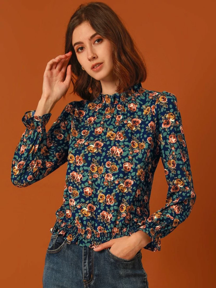 Teal Blue Women's Floral Dots Blouse with Smocked Waist, Ruffled Hem, and Stand Collar
