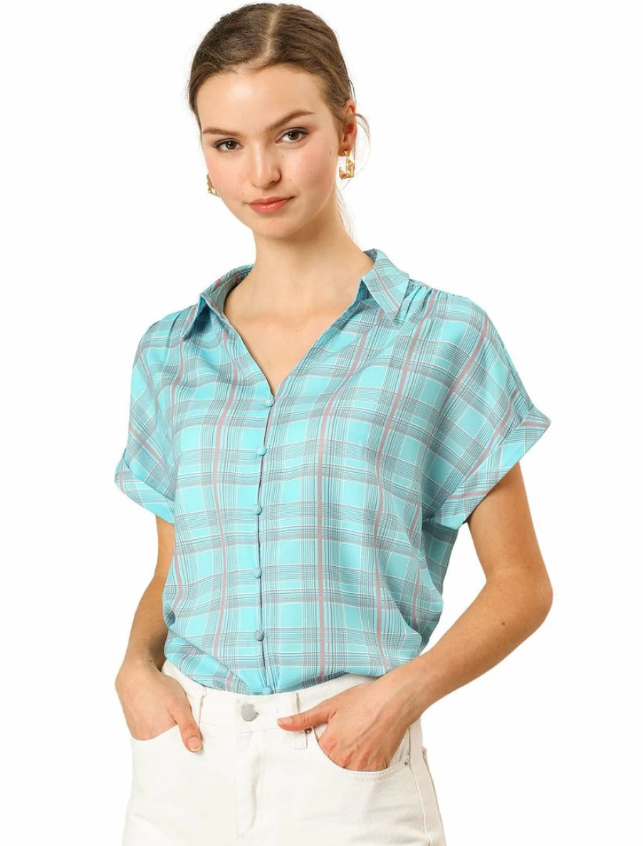 Women's Short Sleeve Plaid Button-Down Shirt - Summer Work Blouse & Casual Top