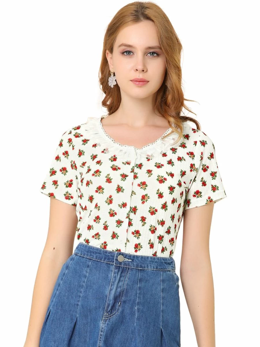 Women's White Floral Print Short Sleeve Blouse with Lace Panel Round Neck Casual Top