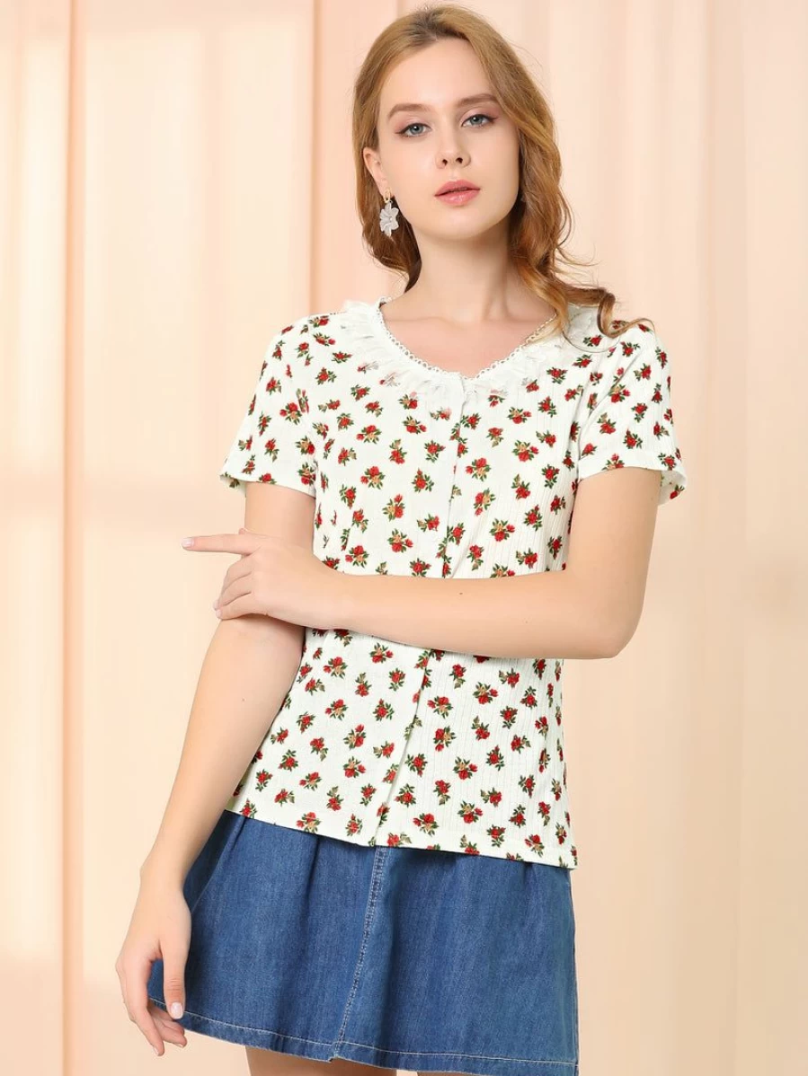 Women's White Floral Print Short Sleeve Blouse with Lace Panel Round Neck Casual Top