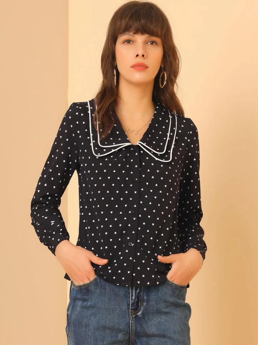 Allegra K Women's Black Vintage Long Sleeve Blouse with Peter Pan Collar and Heart Print