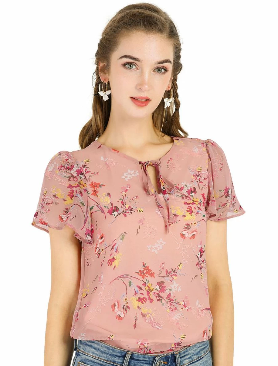 Women's Floral V-Neck Flutter Sleeve Blouse - Elegant Tie Detail Tops for Women