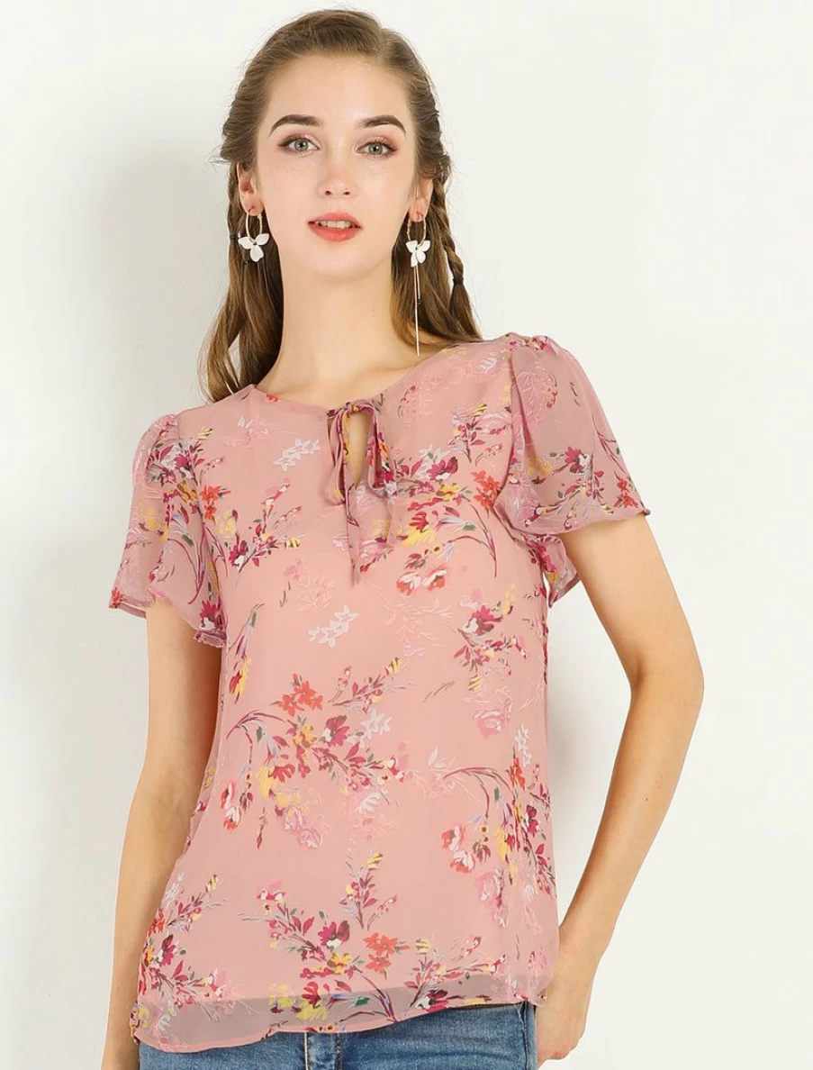 Women's Floral V-Neck Flutter Sleeve Blouse - Elegant Tie Detail Tops for Women