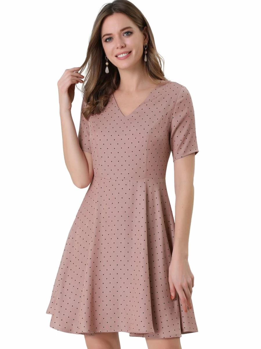 Vintage Pink Polka Dot Fit & Flare V-Neck Short Sleeve Dress for Women