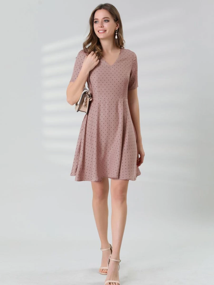 Vintage Pink Polka Dot Fit & Flare V-Neck Short Sleeve Dress for Women