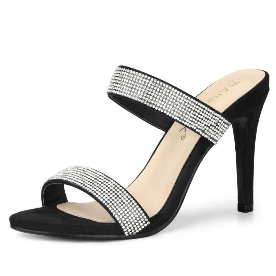 Women's Rhinestone Stiletto Heel Open Toe Mules Sandals - Elegant Dressy Slip-On Shoes for Special Occasions
