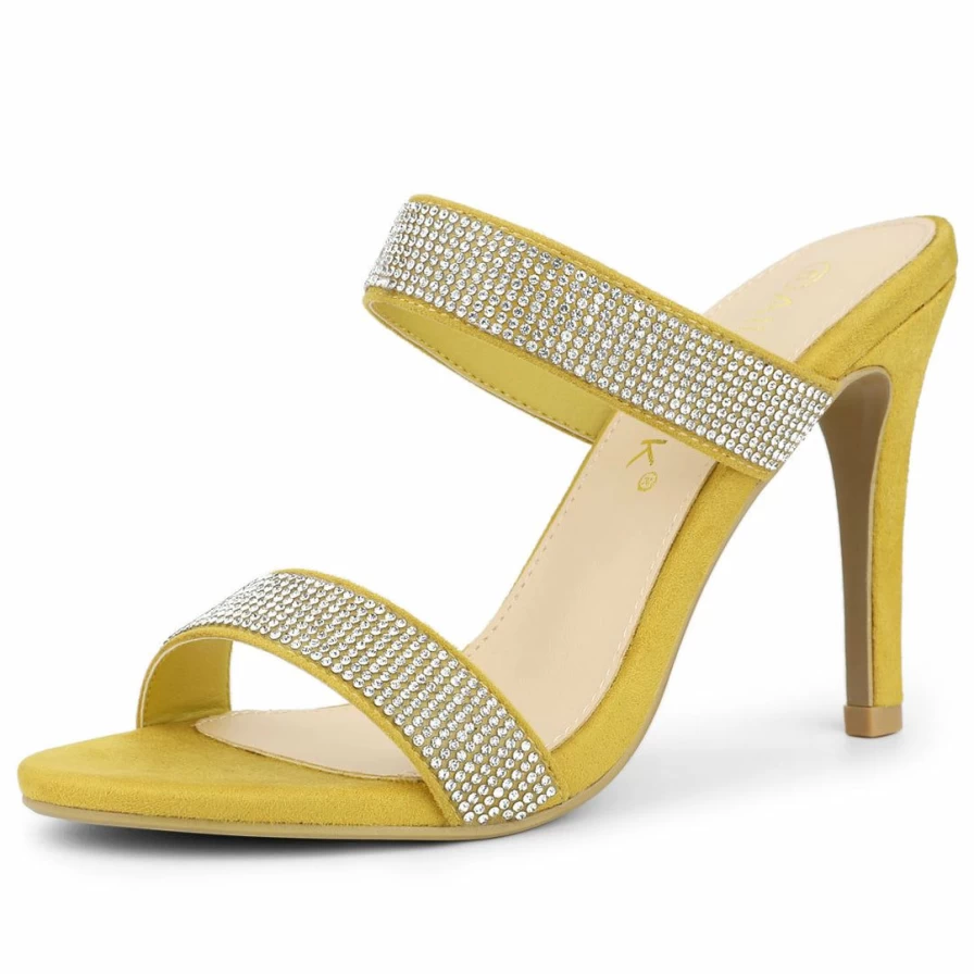 Women's Rhinestone Stiletto Heel Open Toe Mules Sandals - Elegant Dressy Slip-On Shoes for Special Occasions